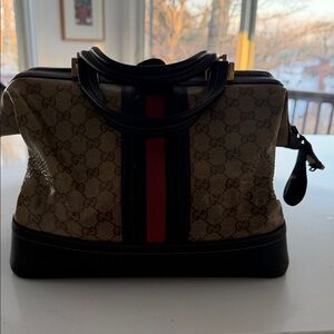 Gucci Beige and chocolate brown Canvas Bag with Red and green Stripe